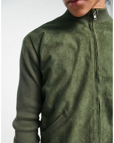 Reclaimed (vintage) Knitted Zip Through Suede Mix Jumper - Green