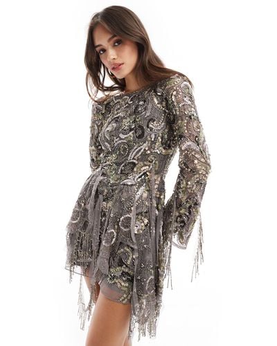 ASOS Long Sleeve Embellished Mini Dress With Draped Applique And Fringe - Multicolour