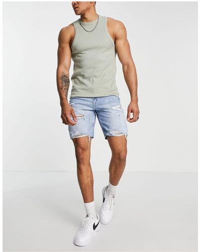 Pull&Bear Straight Fit Denim Shorts With Rips - Blue