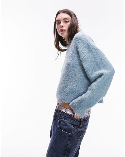 TOPSHOP – kastiger, gestrickter bouclé-pullover - Blau