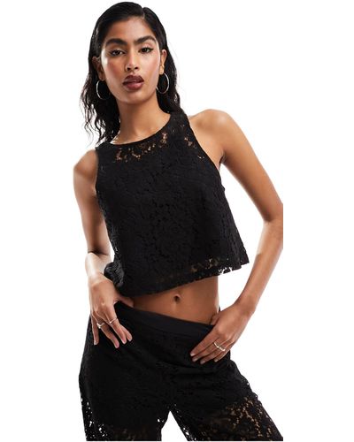 Object Cropped Lace Racer Neck Top - Black
