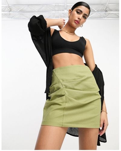 ASOS Ruched Skirt With Linen - Green