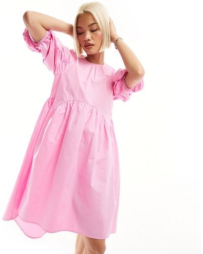 Urban Revivo Puff Sleeve Midaxi Smock Dress With Asymmetric Hem - Pink