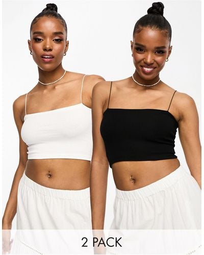 Pull&Bear 2 Pack Strappy Ribbed Tube Crop Top - Brown