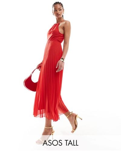 ASOS Asos Design Tall Pleated Chiffon Midi Dress With Halter Neck - Red
