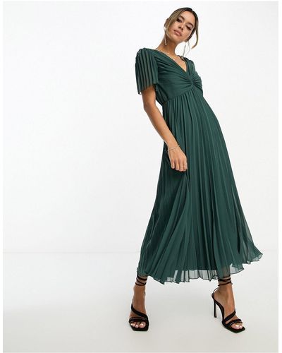 ASOS Pleated Bodice Flutter Sleeve Pleat Midi Dress - Green