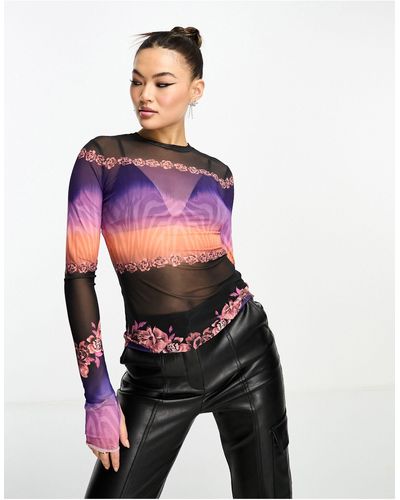 AFRM Kaylee Long Sleeve Mesh Top With Floral And Zebra Print - Multicolour
