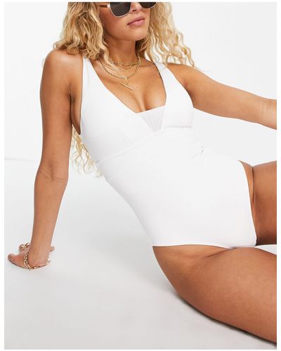 Accessorize Plunge Front With Mesh Insert Ribbed Swimsuit - White
