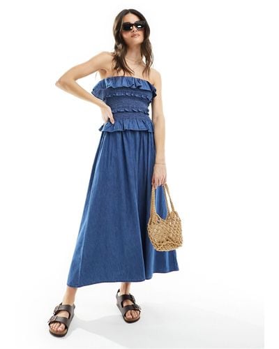 ASOS Soft Denim Maxi Dress With Frill Detail - Blue