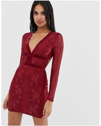 PrettyLittleThing Lace Insert Open Back Bodycon Dress - Red