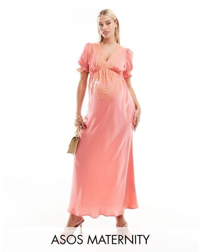ASOS Asos Design Maternity Embroidered Satin Midi Tea Dress - Pink