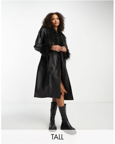 Urbancode Longline Pu Trench Coat With Faux shaggy Fur Collar - White