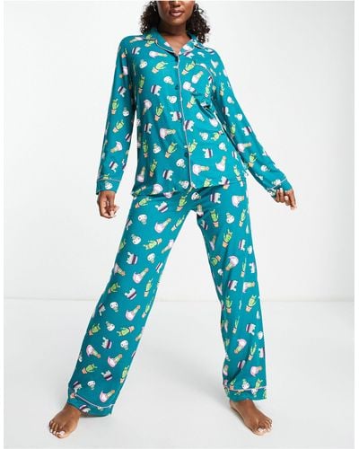 Chelsea Peers Pyjamaset Met Overhemd Met Lange Mouwen En Broek Met Cactus- En Kattenprint - Blauw