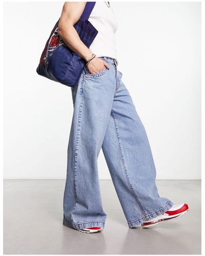 ASOS Extreme Wide Leg Jeans With Red Contrast Stitch - Blue