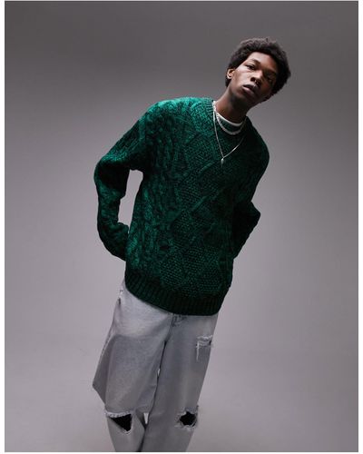 TOPMAN Space Dye Cable Sweater With Wool - Green