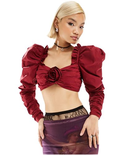 Labelrail X Dyspnea Corsage Detail Puff Sleeve Rococo Cropped Blouse - Red