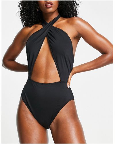 New Look Halter Neck Cut Out Swimsuit - Black