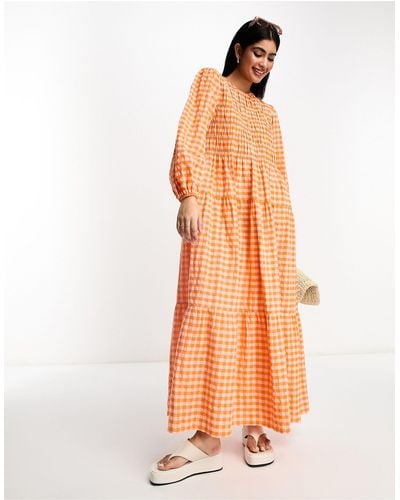 ASOS Cotton Shirred Maxi Smock Dress With Puff Sleeve - Orange