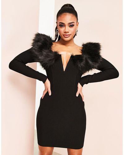 ASOS Plunge Faux Fur Knit Mini Dress - Black