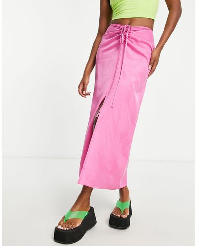 TOPSHOP Ruched Channel Waist Midi Skirt - Pink