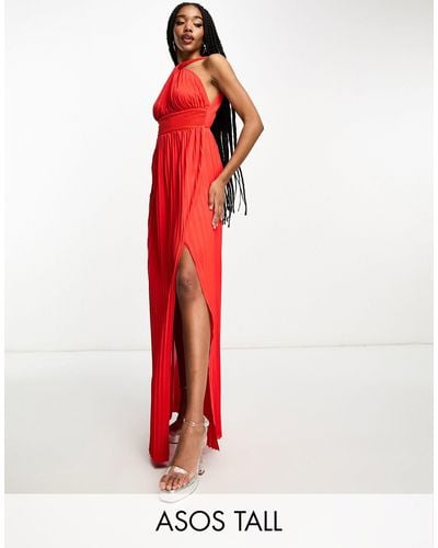 ASOS Asos Design Tall Halter Neck Grecian Pleated Skirt Maxi Dress - Red