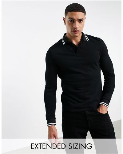 ASOS Long Sleeve Tipped Pique Polo Shirt - Black