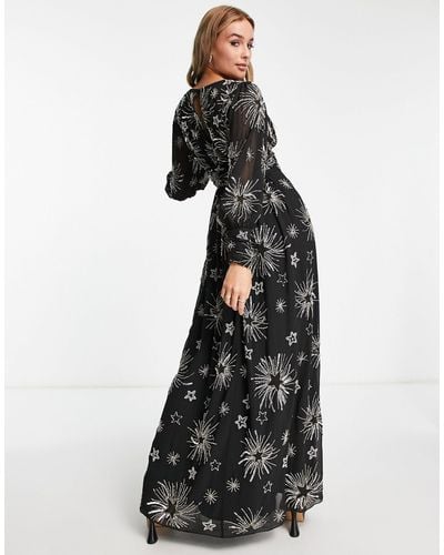 Miss Selfridge Premium Embellished Long Sleeve Maxi Dress With Star Detail - Black
