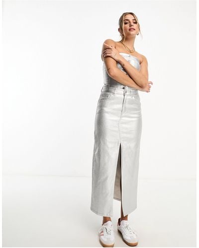 Pull&Bear Metallic Denim Split Midi Skirt Co-ord - White
