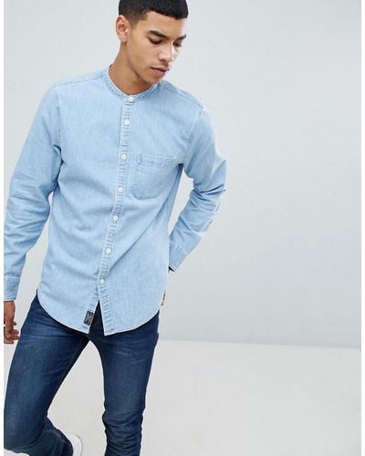 Abercrombie & Fitch Banded Collar Denim Shirt In Light Wash - Blue