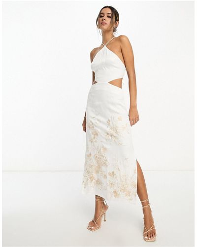 ASOS Midi-jurk Van Satijn Met Halternek, Gebloemd Borduurwerk En Uitsnijding Op - Wit