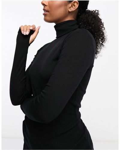 Lindex Ribbed Merino Wool Roll Neck Base Layer Top With Thumb Hole Detail - Black