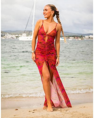 South Beach X miss molly – langes strand-sommerkleid aus netzstoff mit abstraktem muster - Rot