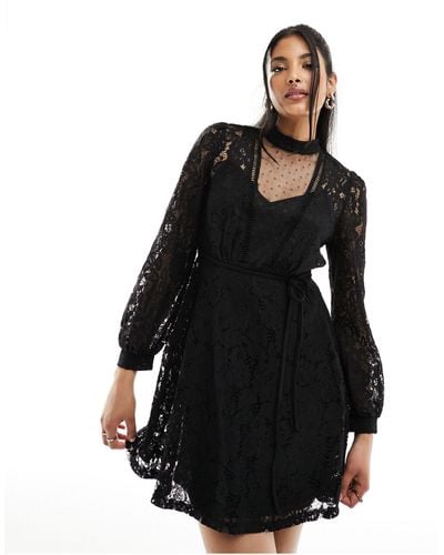 New Look Puff Sleeve Lace Mini Dress - Black