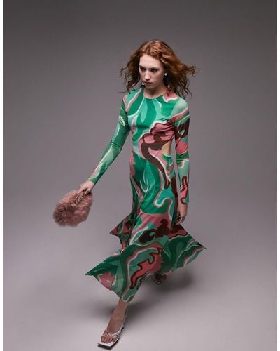 TOPSHOP Robe mi-longue à découpe à motif tourbillon - vert et rose - Multicolore