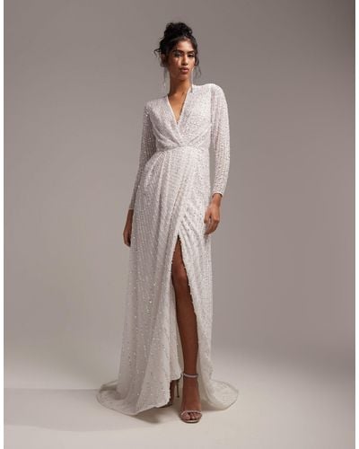 ASOS Alexa Sequin Long Sleeve Wrap Wedding Dress In - White