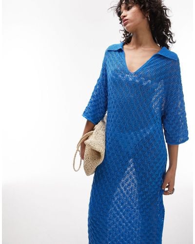 TOPSHOP Pointelle Stitch Polo Jumper Dress - Blue