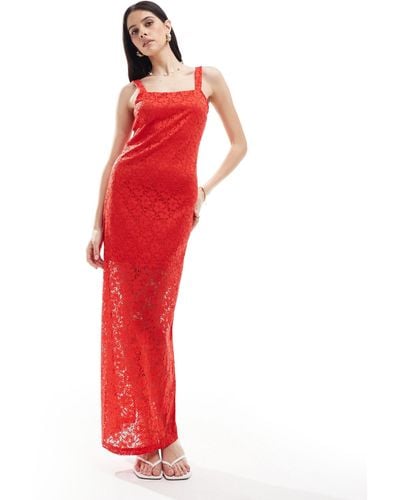 Y.A.S Lace Maxi Dress With Slit Back - Red