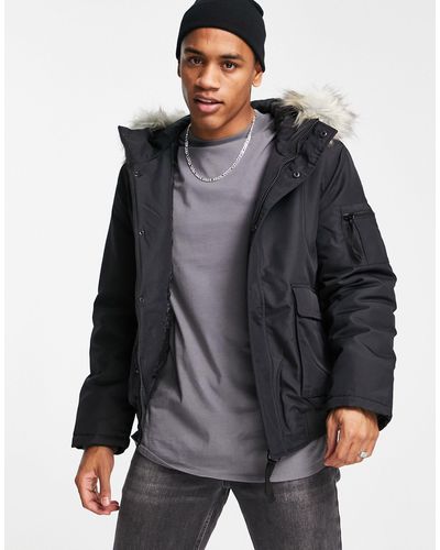 Only & Sons Padded Short Jacket With Faux Fur Hood - Black