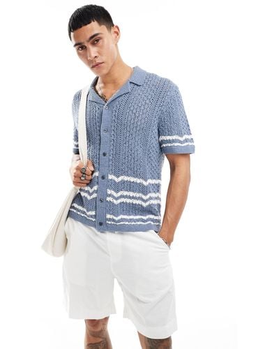 Abercrombie & Fitch Button Through Open Stitch Stripe Knit Polo - Blue