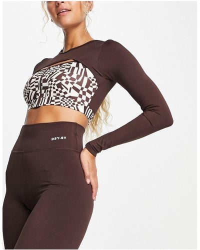 Daisy Street Active Distorted Geo Cropped Long Sleeve Top With Cutout - Brown