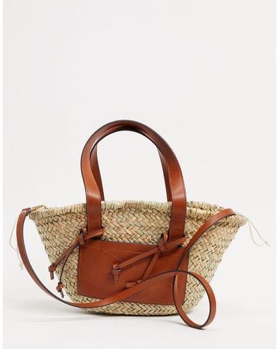 Mango Straw Bag With Front Panel - Brown