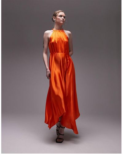 TOPSHOP Halter Hanky Hem Printed Maxi Dress - Orange