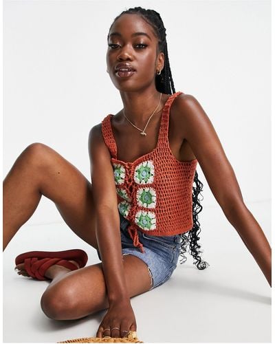 ASOS Crochet Festival Top With Lace Up Front Detail - Brown