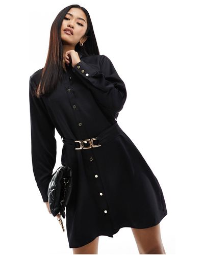 New Look Satin Mini Shirt Dress With Buckle Detail Belt - Black