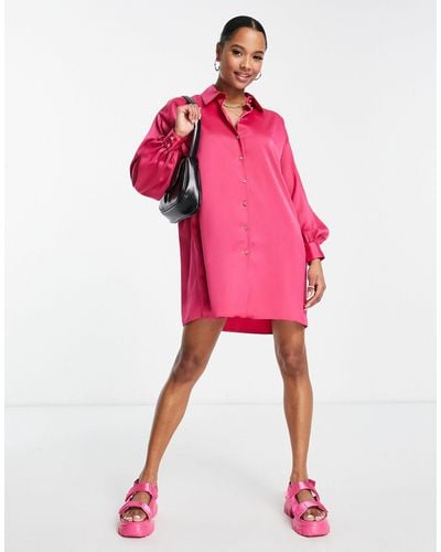 New Look Oversized Satin Shirt Dress - Pink