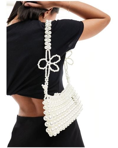 True Decadence Flower Strap Pearl Shoulder Bag - Black