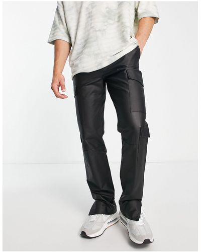 TOPMAN Straight Faux Leather Cargo Pants - Gray