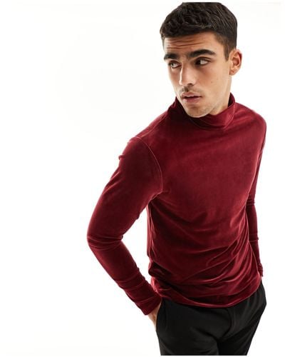 ASOS T-shirt moulant en velours à manches longues et col roulé - bordeaux - Rouge