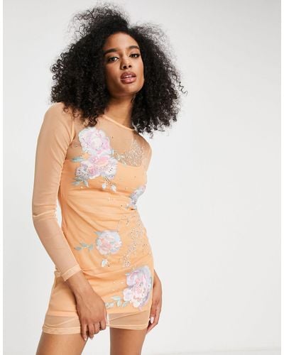 ASOS Long Sleeve Mini Dress With Floral Embroidery - Orange