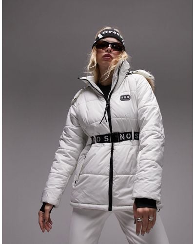 TOPSHOP Sno Ski Coat With Belt And Faux Fur Trim Hood - Gray